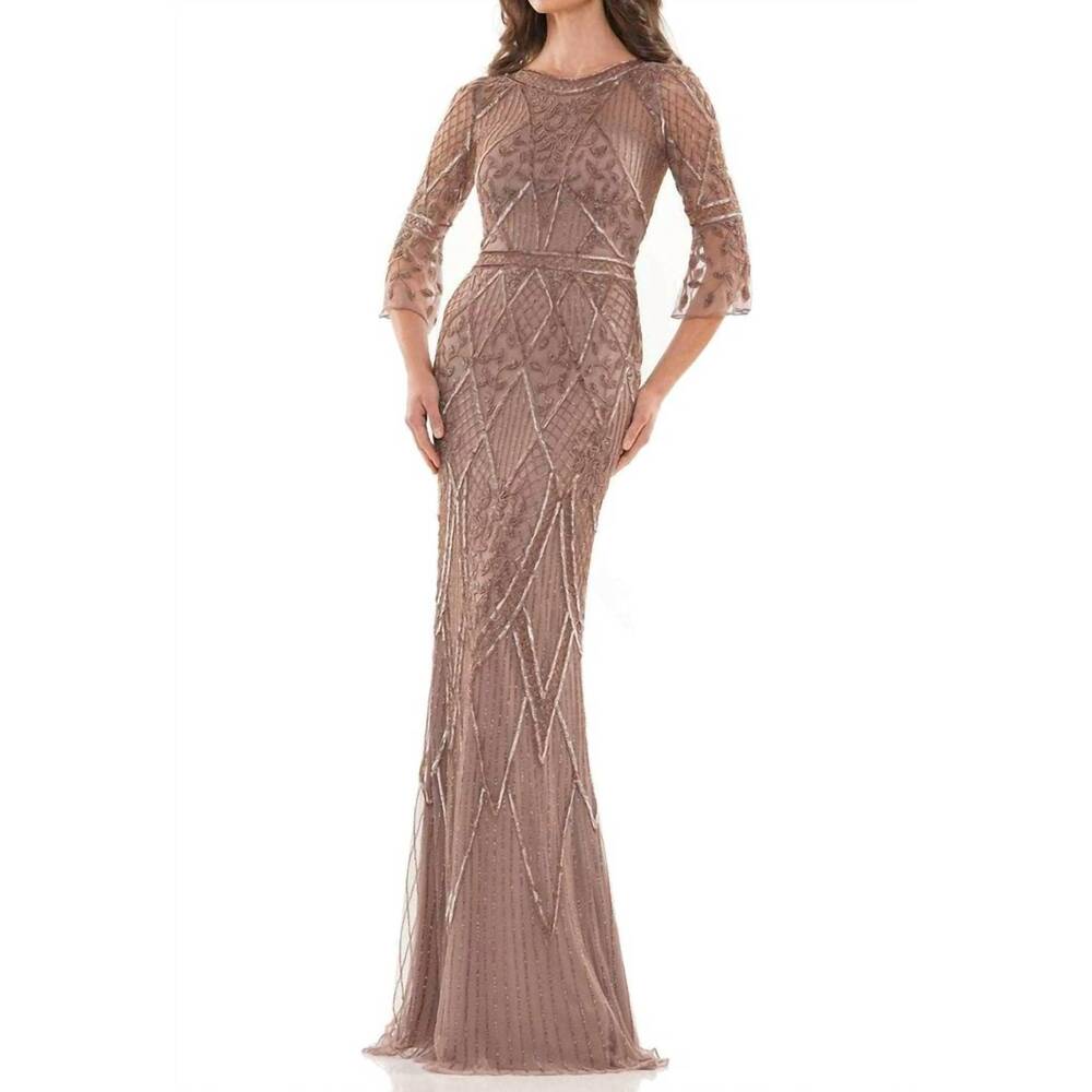NEW COLORS DRESS beaded mesh gown in dark taupe